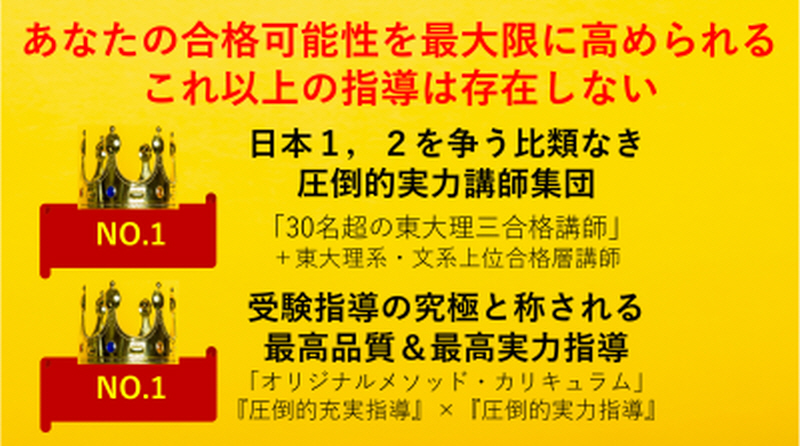 日本１，２を争う比類なき圧倒的実力講師集団/「30名超の東大理三合格講師」/『圧倒的充実指導』×『圧倒的実力指導』